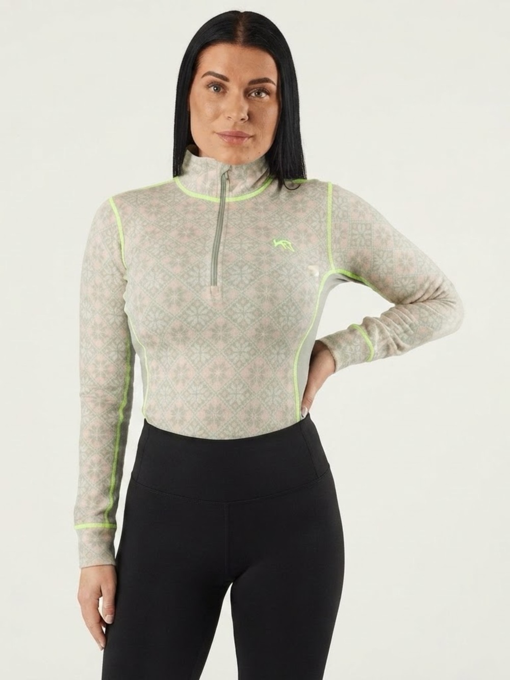 Kari Traa Sz L Wool Printed Winter Base Layer Outdoor Skiing 1/4 Zip Top